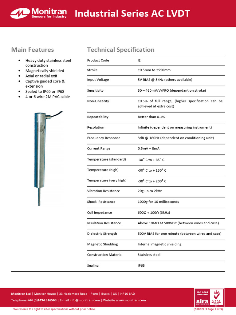 Industrial AC LVDT Specifications | PDF | Alternating Current | Inductor