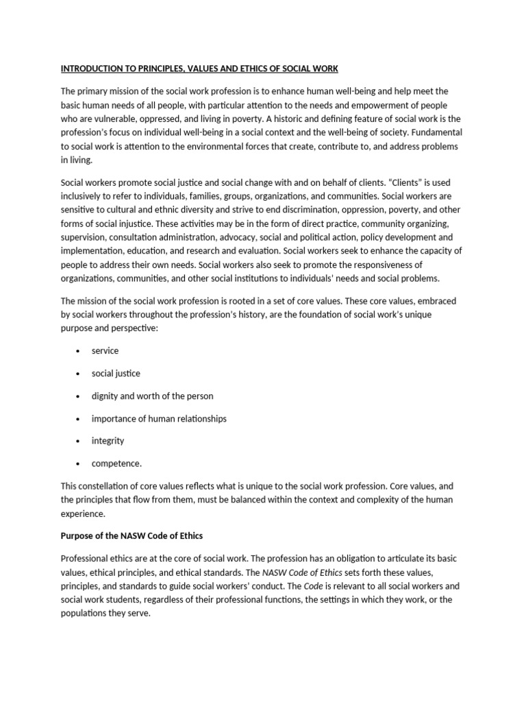 Social Work Ethics and Core Values Guide | PDF | Social Work ...