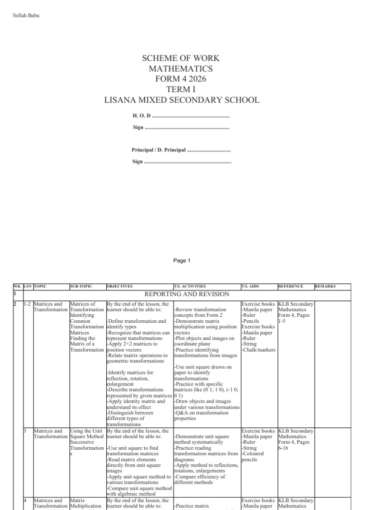 Form 4 Mathematics Scheme of Work | PDF | Variance | Geometry