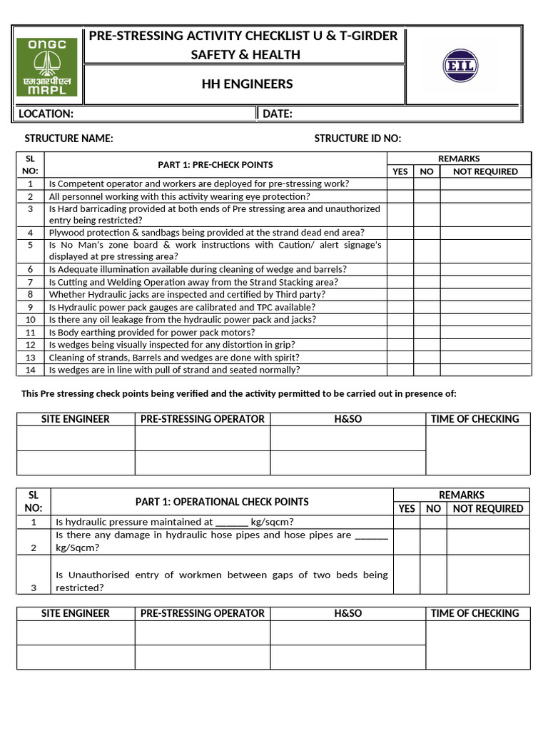 Hh Engineers Pre Stressing Activity Checklist of U-pi & T-girder | PDF ...