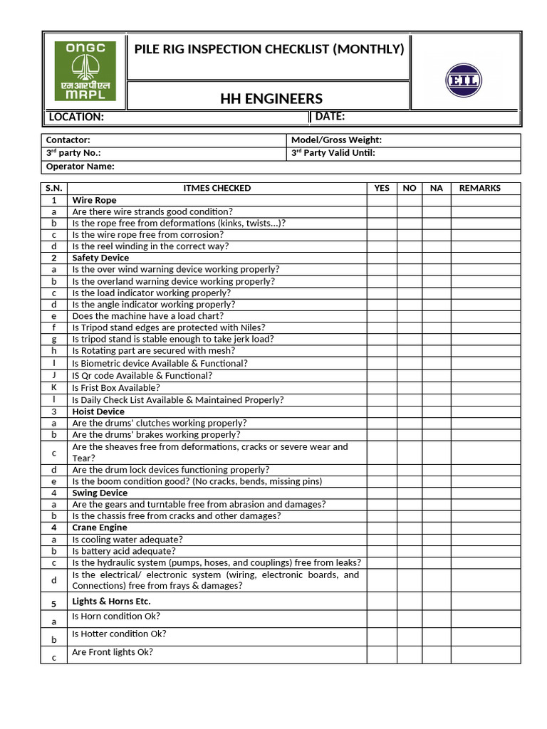 Monthly Pile Rig Inspection Checklist | PDF | Rope | Vehicle Technology