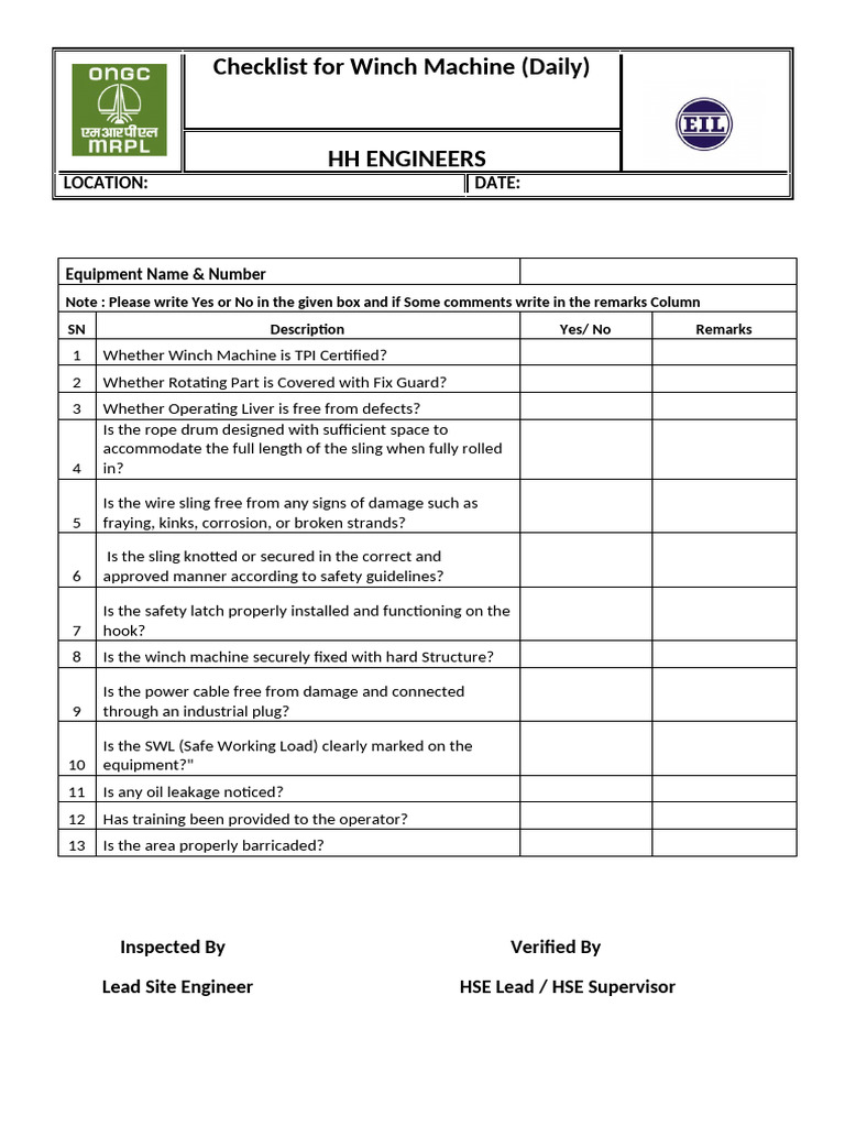 Daily Winch Machine Inspection Checklist | PDF
