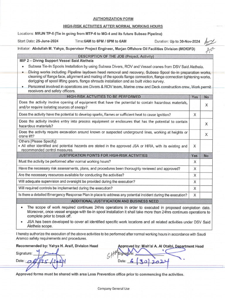 MIP - DSV High Risk Activities Authorization Form TP-6 | PDF