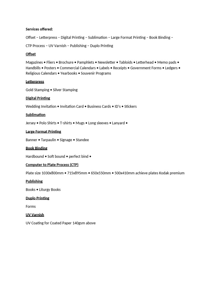 Comprehensive Printing Services Offered | PDF
