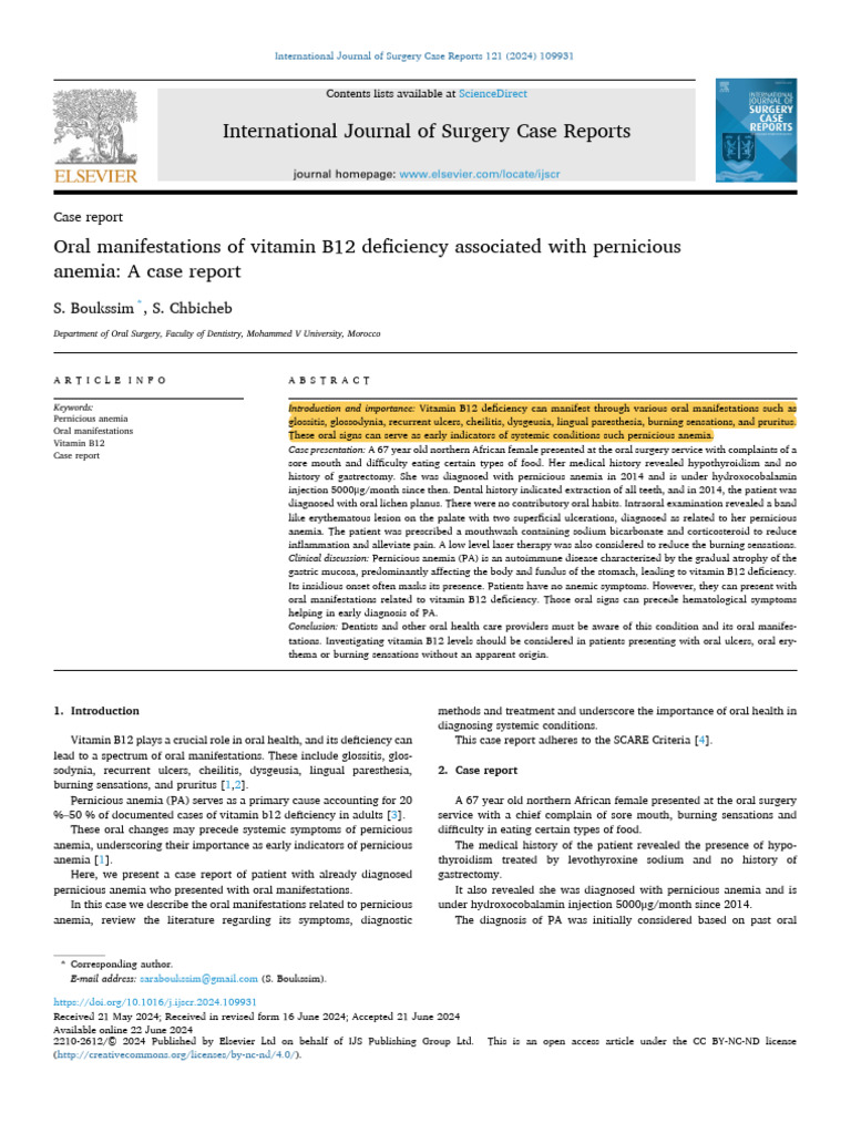 Oral Signs of Pernicious Anemia Case Report | PDF | Vitamin B12 | Anemia