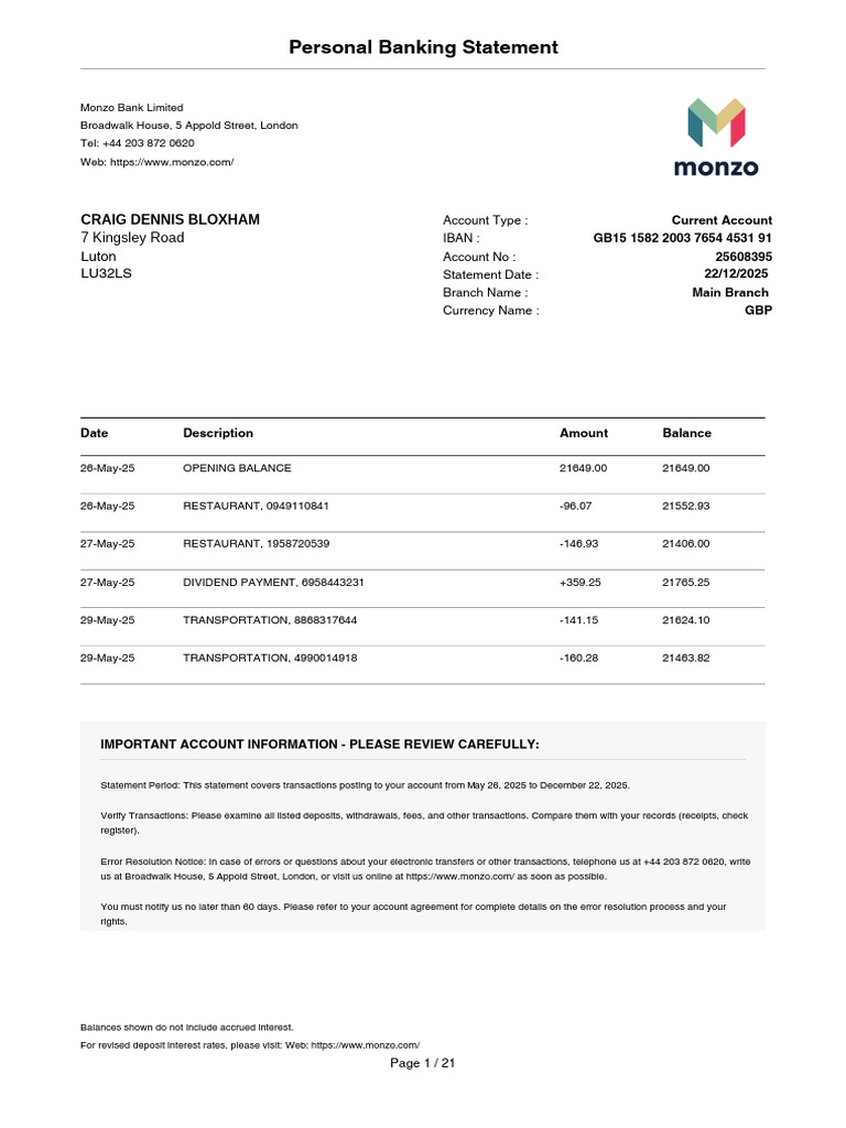 Monzo Personal Banking Statement 2025 | PDF | Credit Card | Banks
