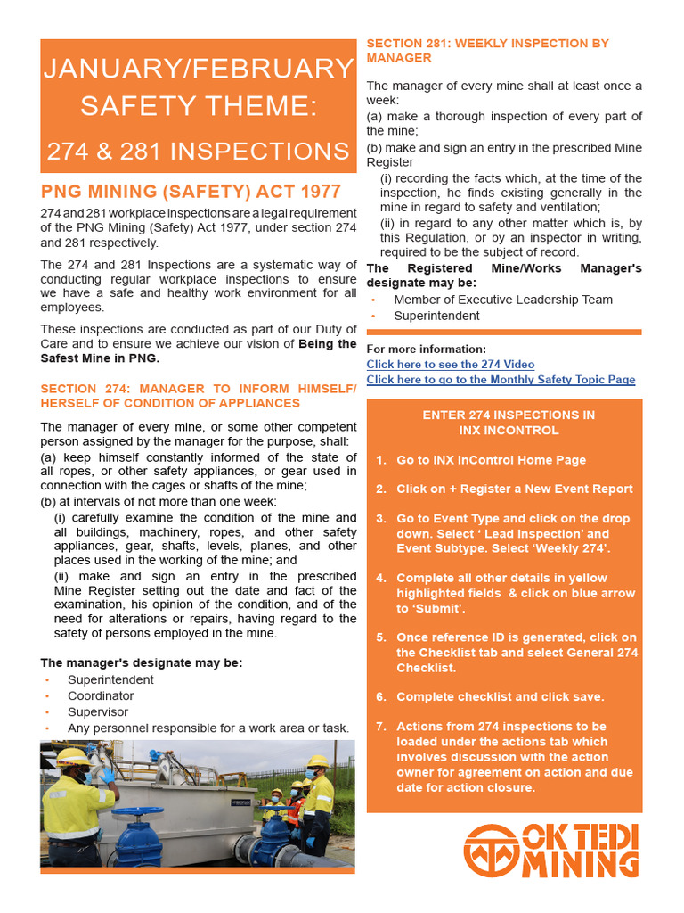 274 & 281 Inspections for Mine Safety | PDF | Fire Safety | Safety
