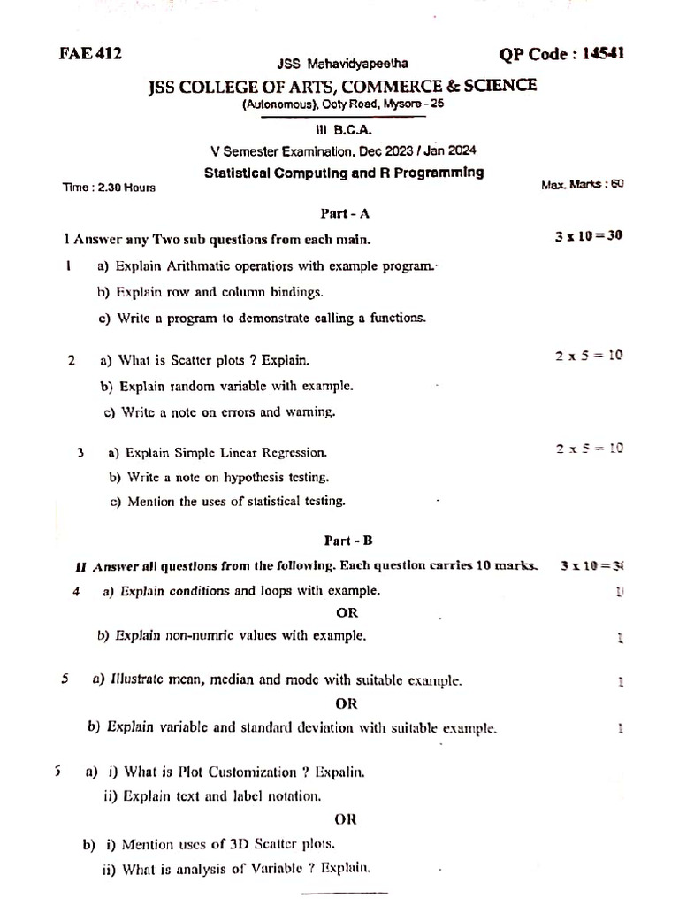Statistical Computing and R Programming Previous Year Question Paper | PDF