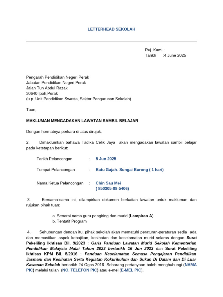 1-Format Surat Makluman Lawatan Ips - 2024 | PDF