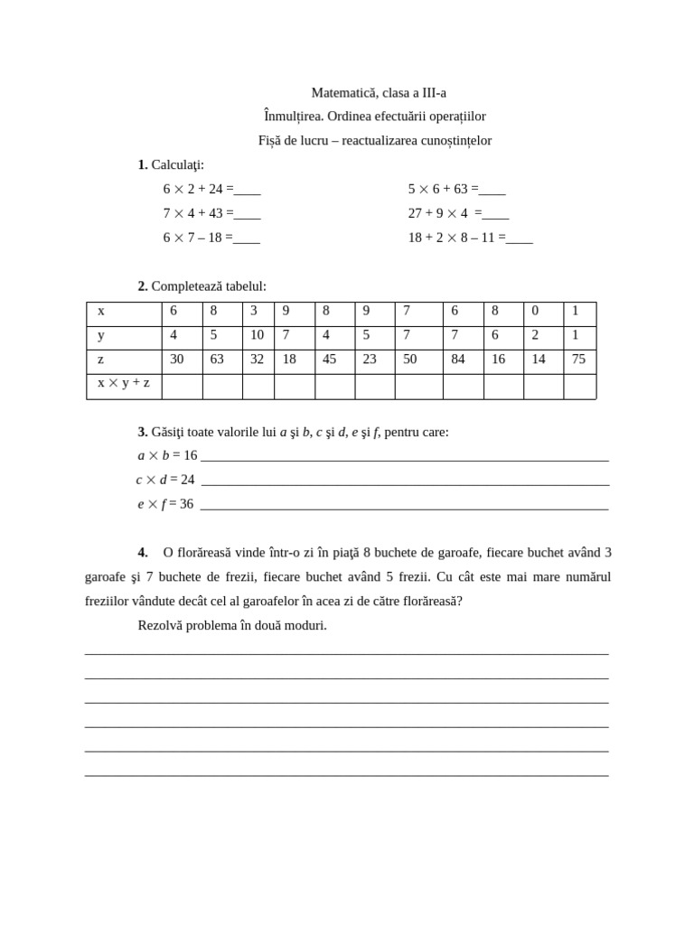 Fisa de Lucru Inmultire | PDF