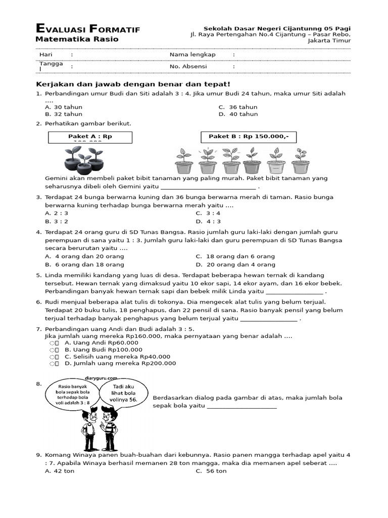 Evaluasi Formatif Matematika Rasio SD | PDF