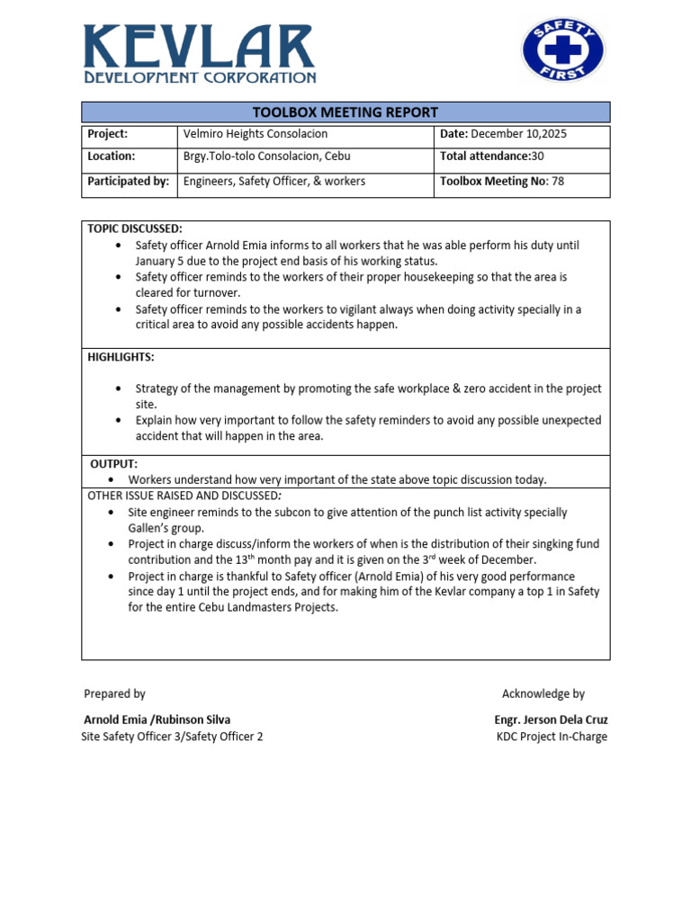 Toolbox Meeting Report: Velmiro Heights | PDF