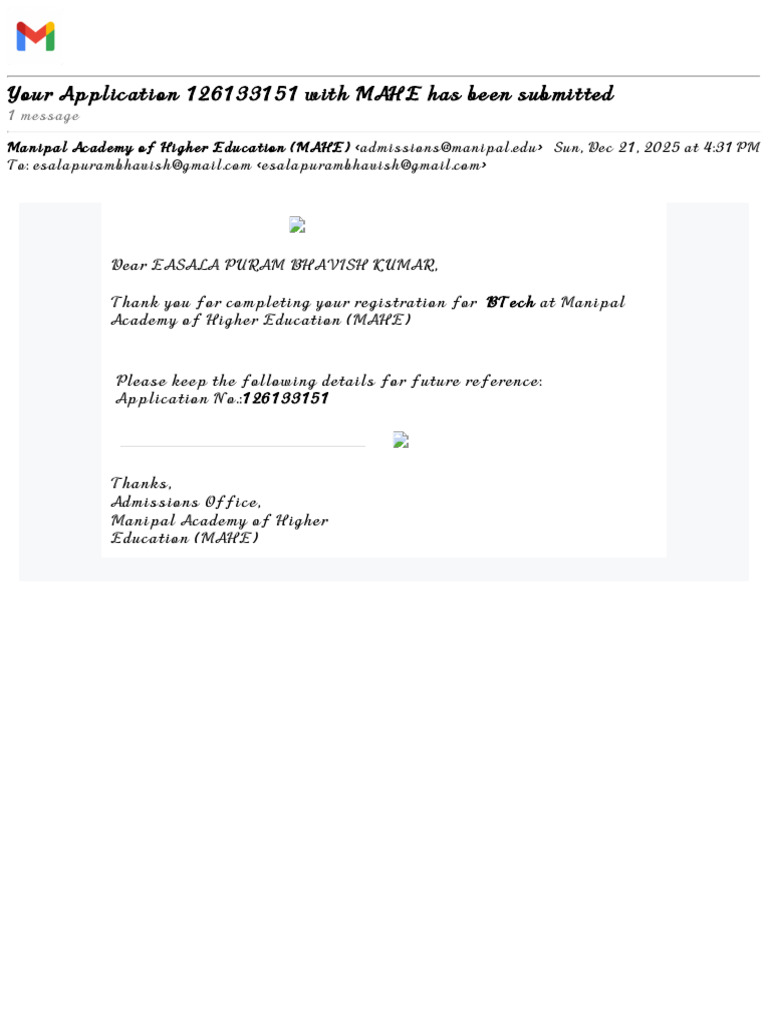 Gmail - Your Application 126133151 With MAHE Has Been Submitted | PDF