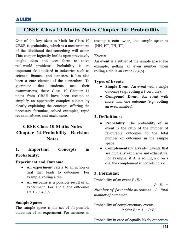 CBSE Class 10 Probability Notes | PDF | Probability | Sampling (Statistics)