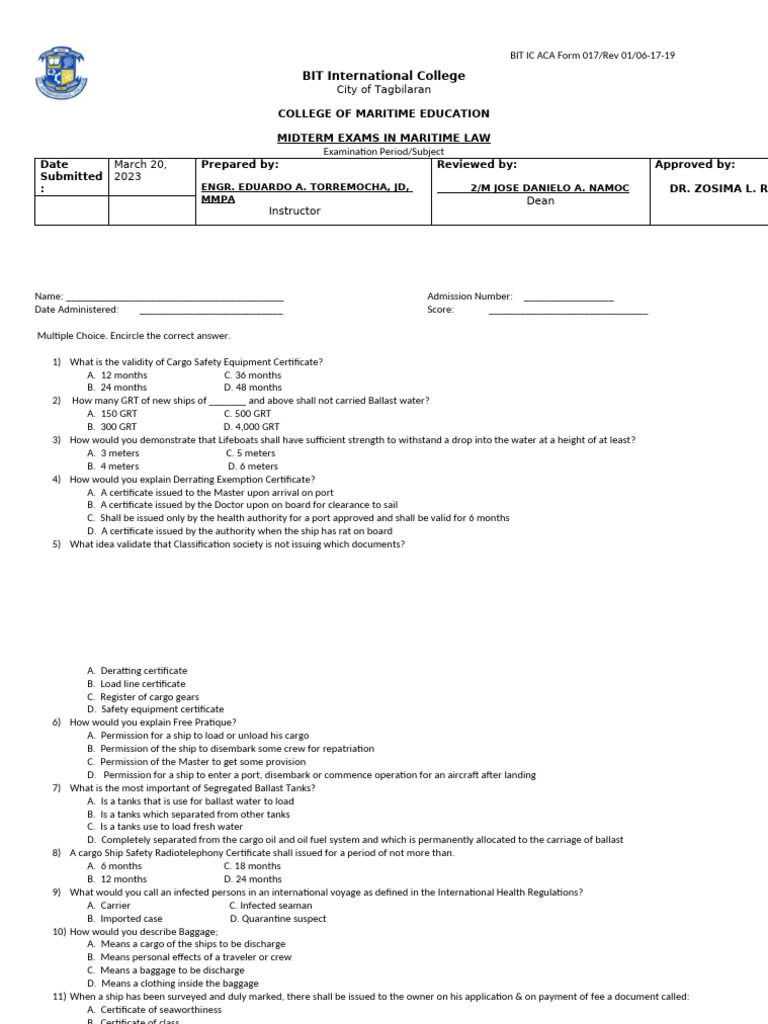 Maritime Law Midterm Exam Questions | PDF | Ships | Sailor