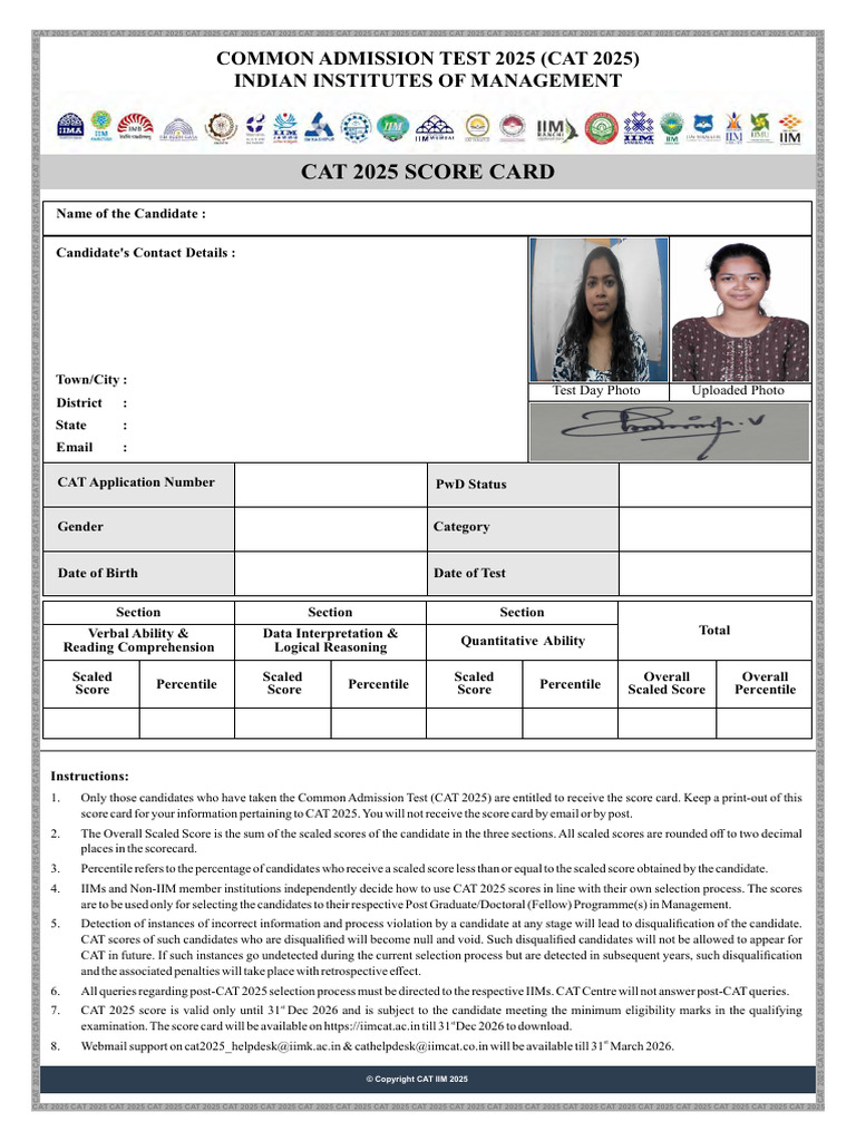 CAT 2025 Score Card Overview | PDF
