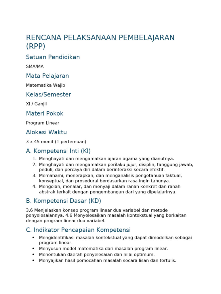 RPP Program Linear Matematika Kelas XI | PDF