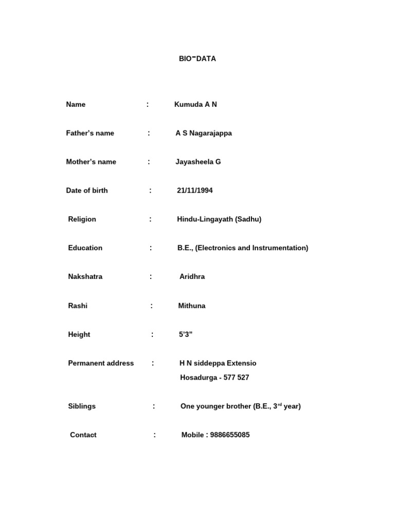 Kumuda A N - Personal Bio Data | PDF