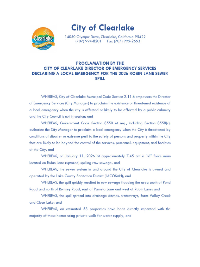 Clearlake Local Emergency Proclamation | PDF | Emergency ...