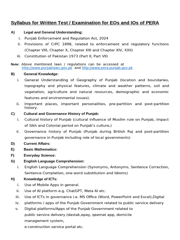 PERA Written Test Syllabus Overview | PDF