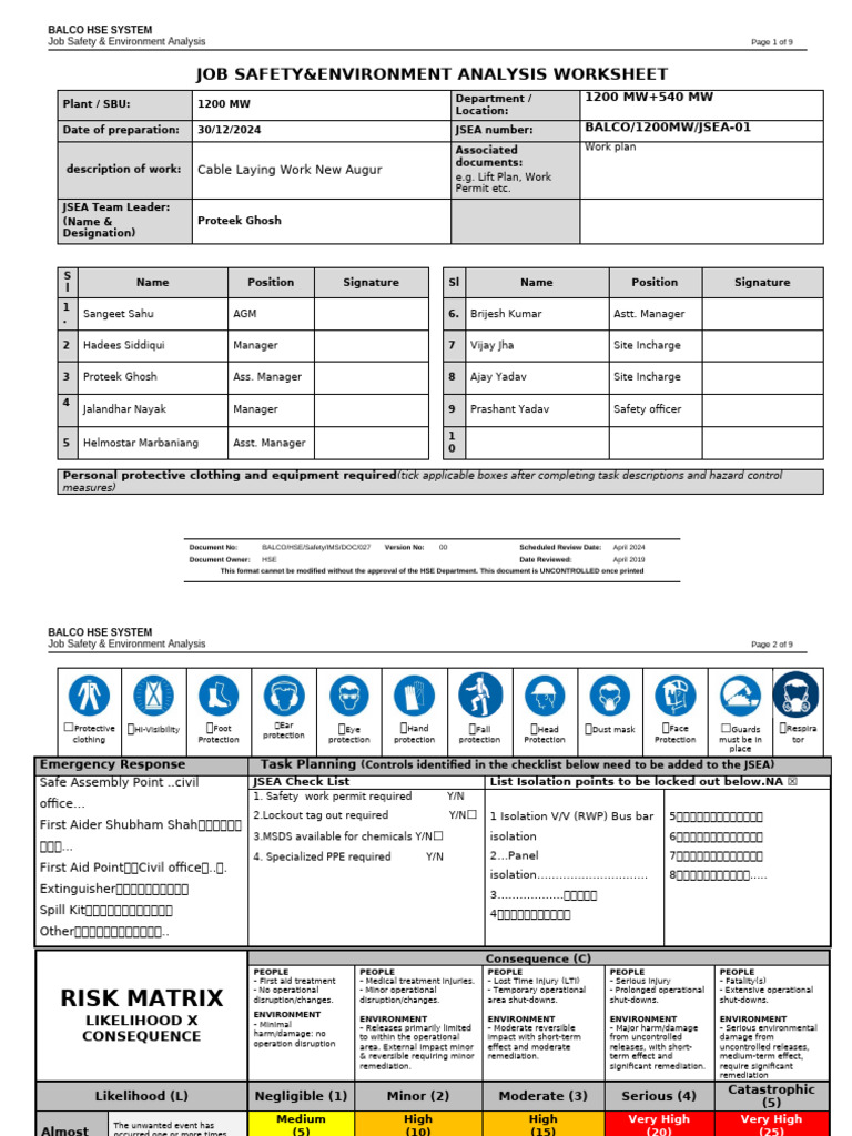 JSEA FORMATE - Electrical Print | PDF | First Aid | Hazards