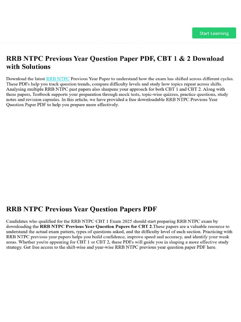 RRB NTPC Previous Year Question Paper PDF, CBT 1 & 2 Download With ...