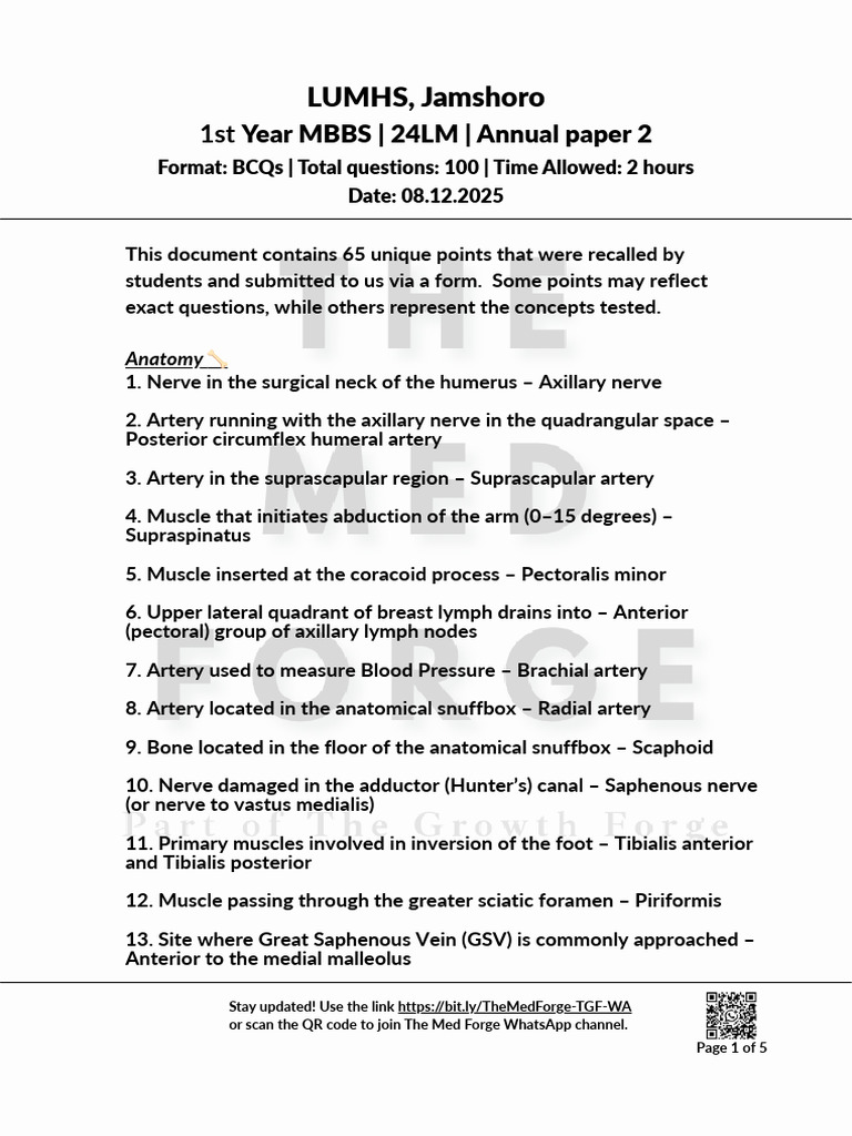 LUMHS 1st Year MBBS Annual Paper 2 Guide | PDF | Muscle Contraction ...