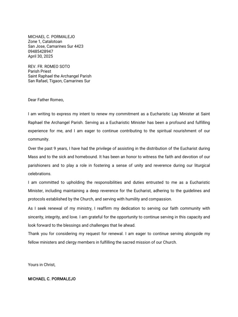 Renewal Request for Eucharistic Minister | PDF