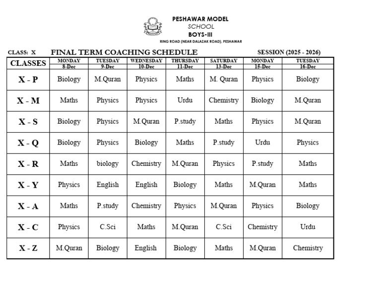 Peshawar Model School Coaching Schedule | PDF