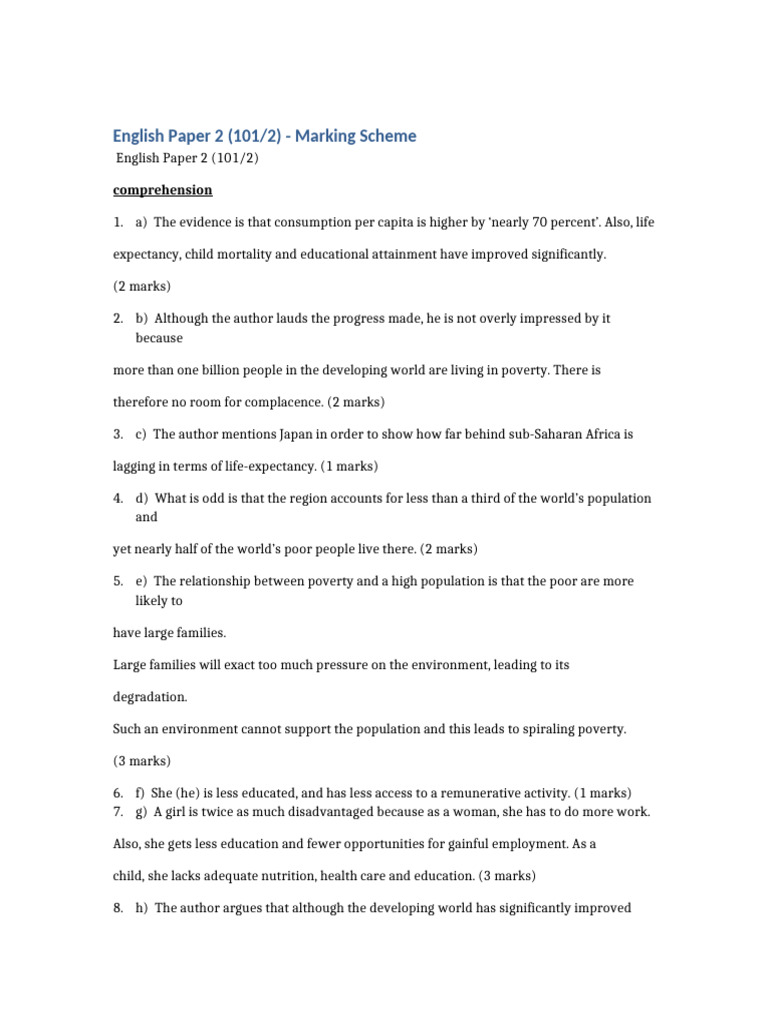 English Paper 2 Marking Scheme Guide | PDF | Poverty | Poverty ...