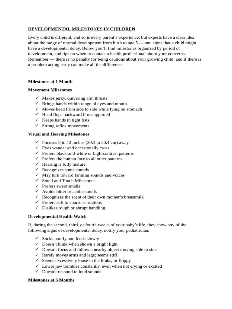 Key Developmental Milestones for Kids | PDF | Infants | Behavioural ...