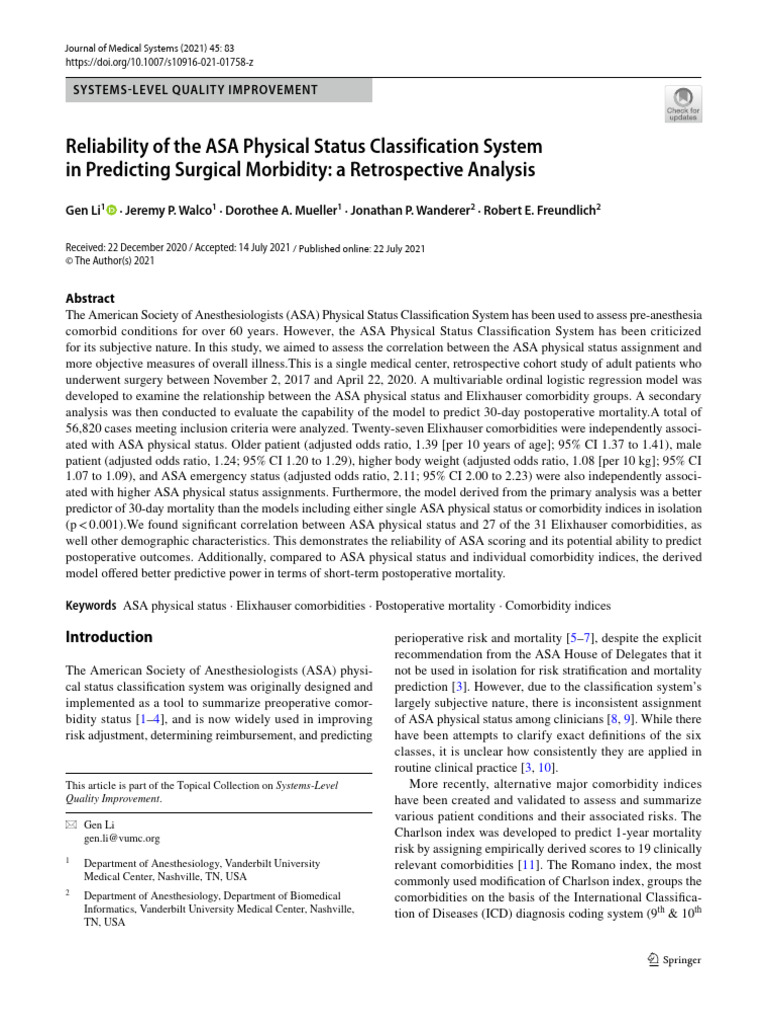 ASA Classification System's Predictive Reliability | PDF | Comorbidity ...