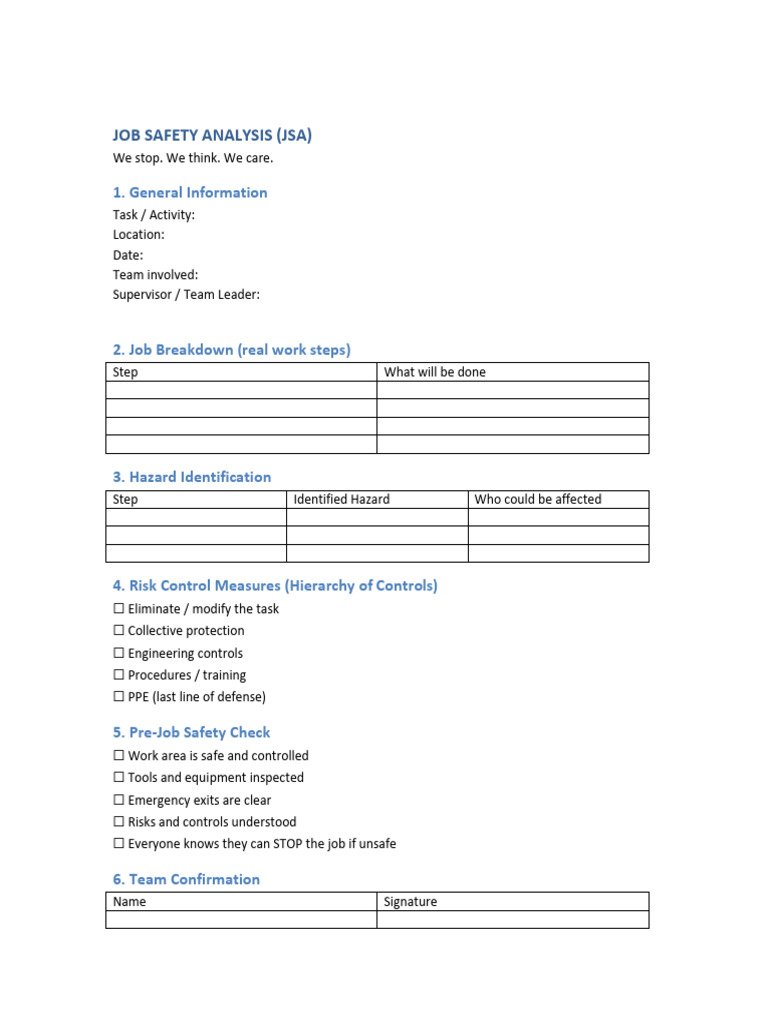 Job Safety Analysis (JSA) Template | PDF