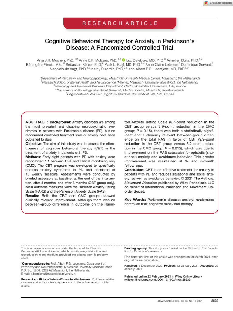 Movement Disorders - 2021 - Moonen - Cognitive Behavioral Therapy For ...