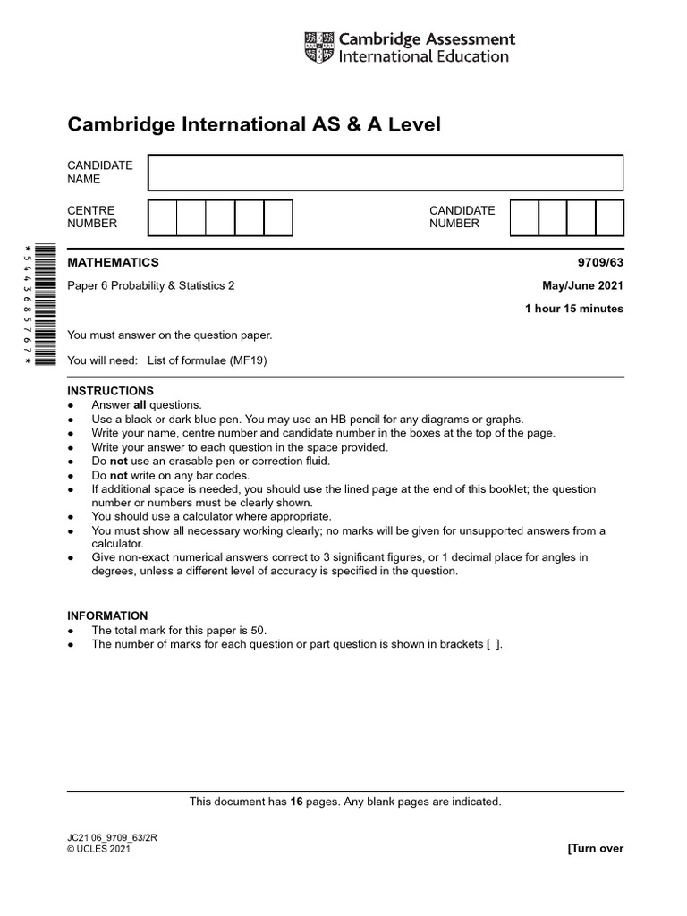 Cambridge AS Level Math Paper 6 Stats | PDF | Probability Distribution ...