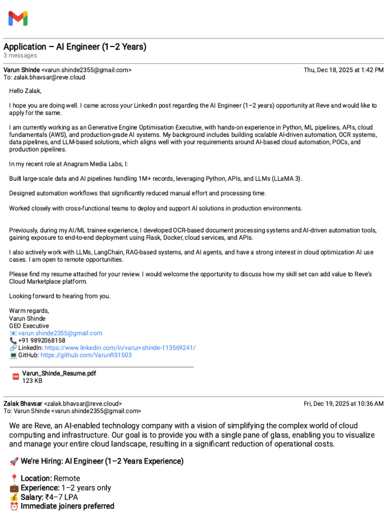 Gmail - Application - AI Engineer (1-2 Years) | PDF | Cloud Computing ...