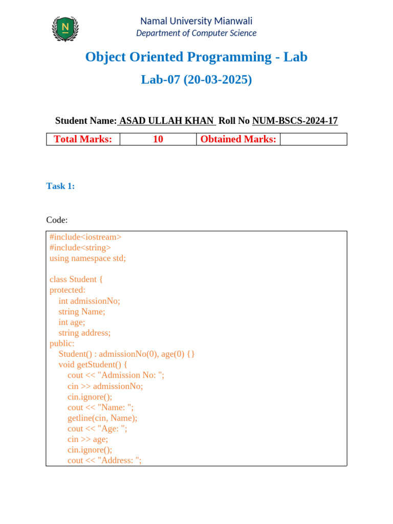 Asad Ullah Khan Oop Lab 08 | PDF | Namespace | Computing