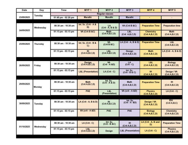 MYP Class Schedule: September 2025 | PDF