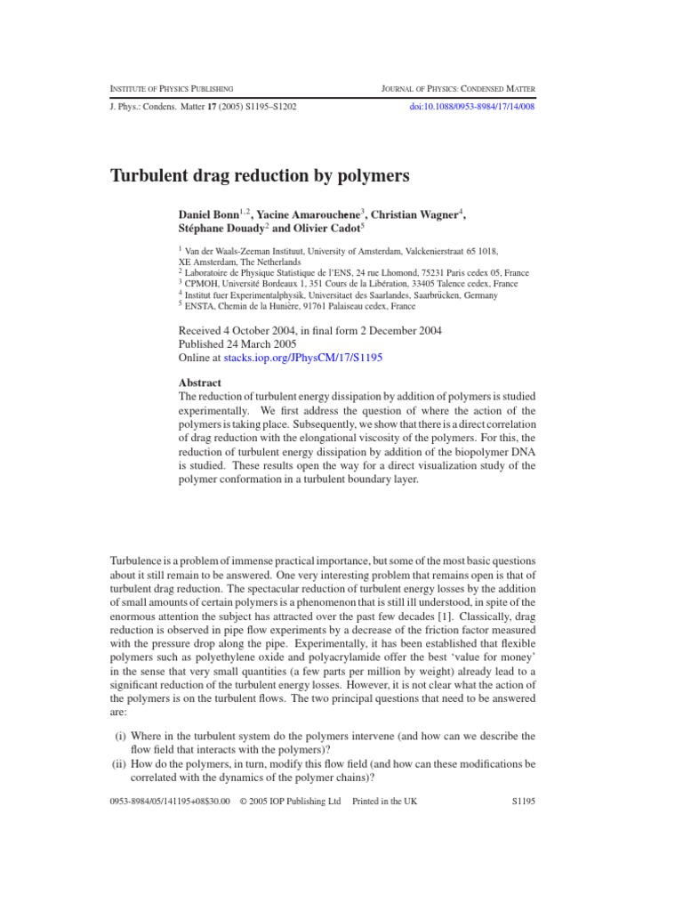 Turbulent Drag Reduction by Polymers | PDF | Viscosity | Reynolds Number