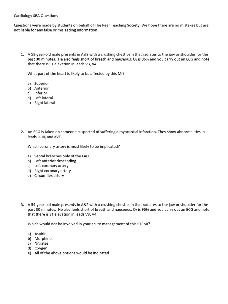 Cardiology SBA Questions and Answers | PDF | Myocardial Infarction ...