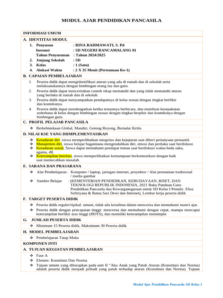 Modul Ajar Pancasila Kelas 1 SD | PDF