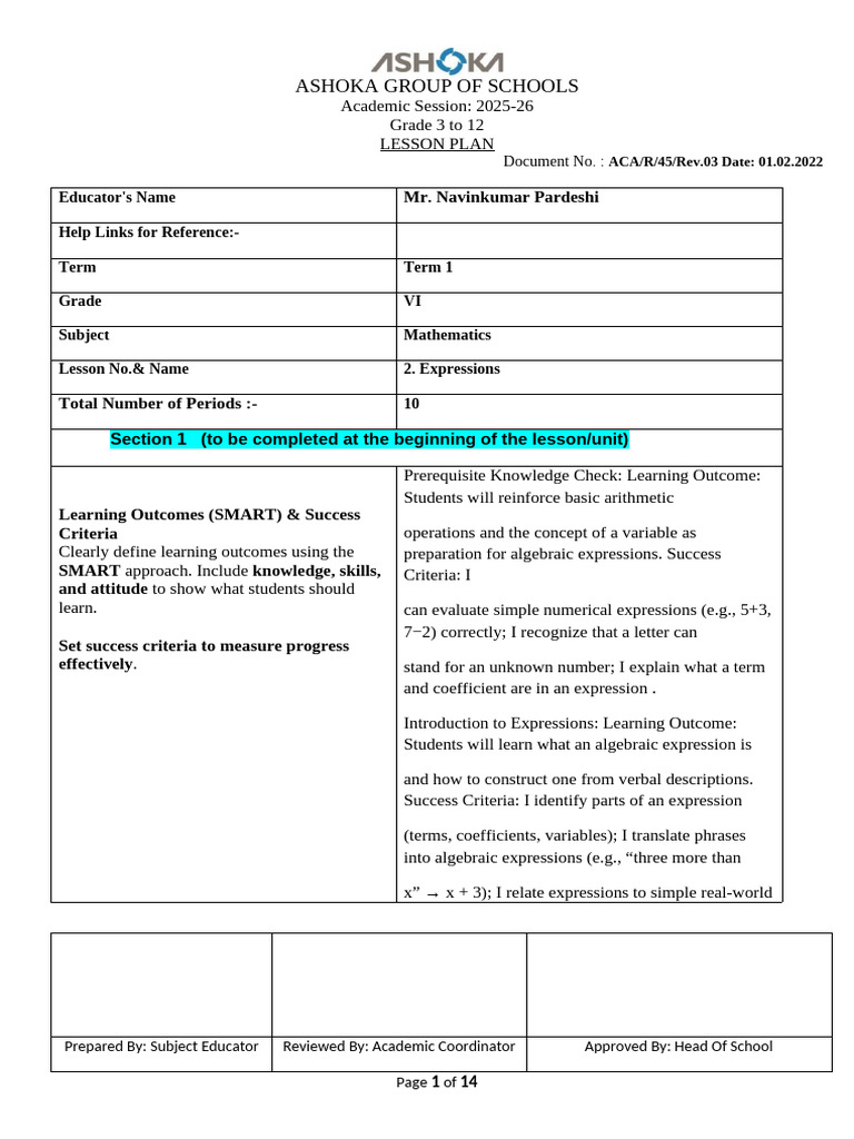 Grade 6 Math Lesson Plan: Expressions | PDF | Algebra | Learning