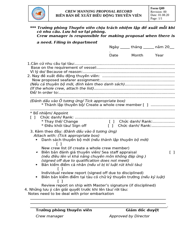 Form Q09 - CREW MANNING PROPOSAL RECORD | PDF