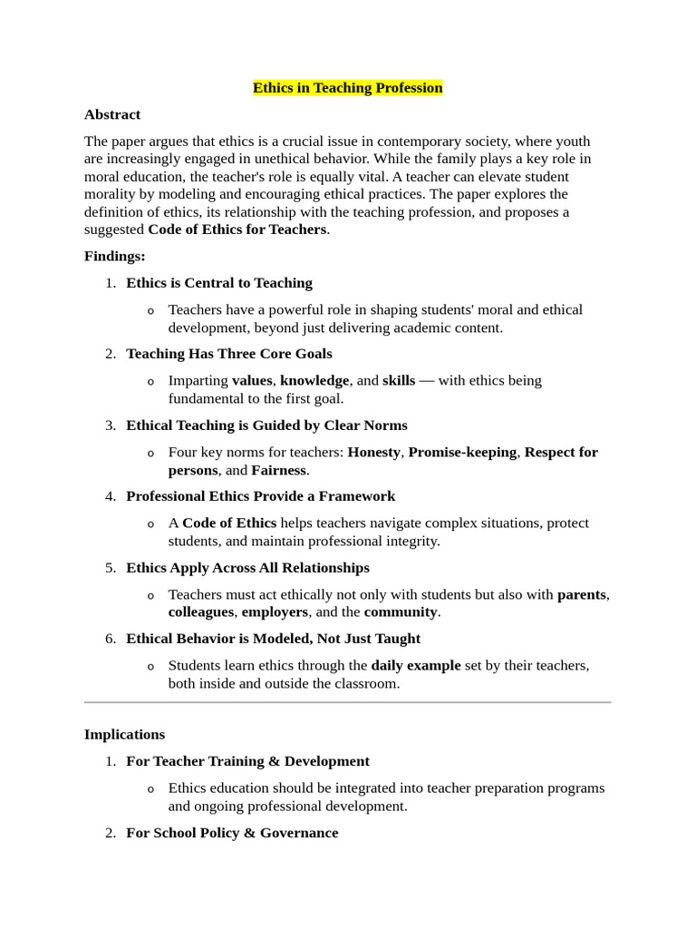 Ethics in Teaching: Principles and Practices | PDF | Teachers | Virtue ...