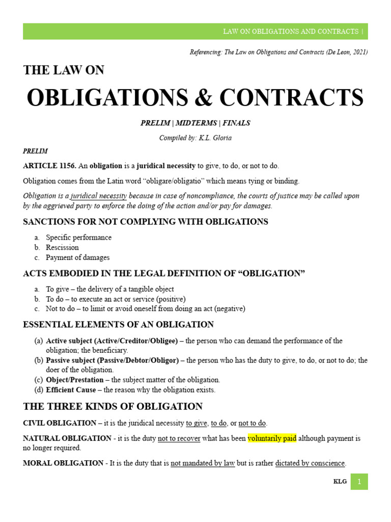 Law on Obligations & Contracts Overview | PDF | Negligence | Annulment