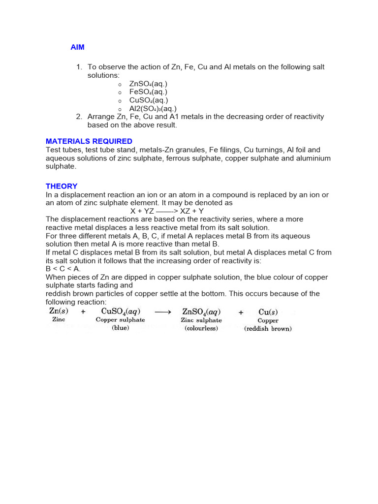 Experiment No-4 X Chemistry Reactivity Series | PDF | Metals | Salt ...