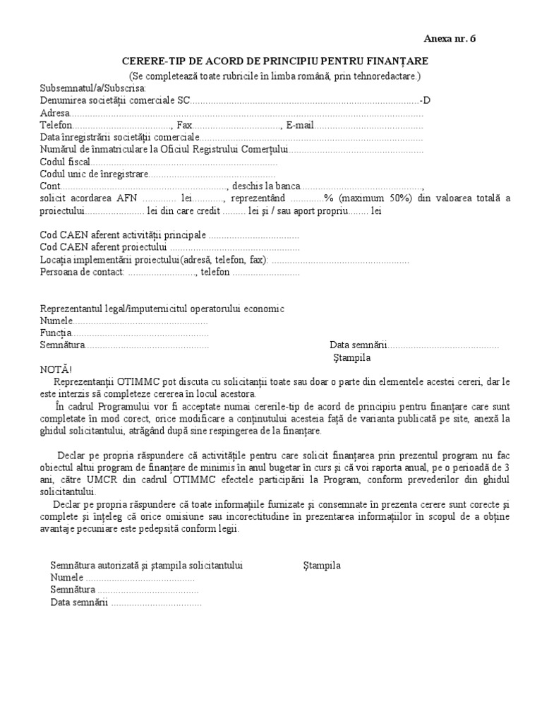 Anexa Nr 6 Cerere Tip De Acord De Principiu Pentru FinanÅ£are