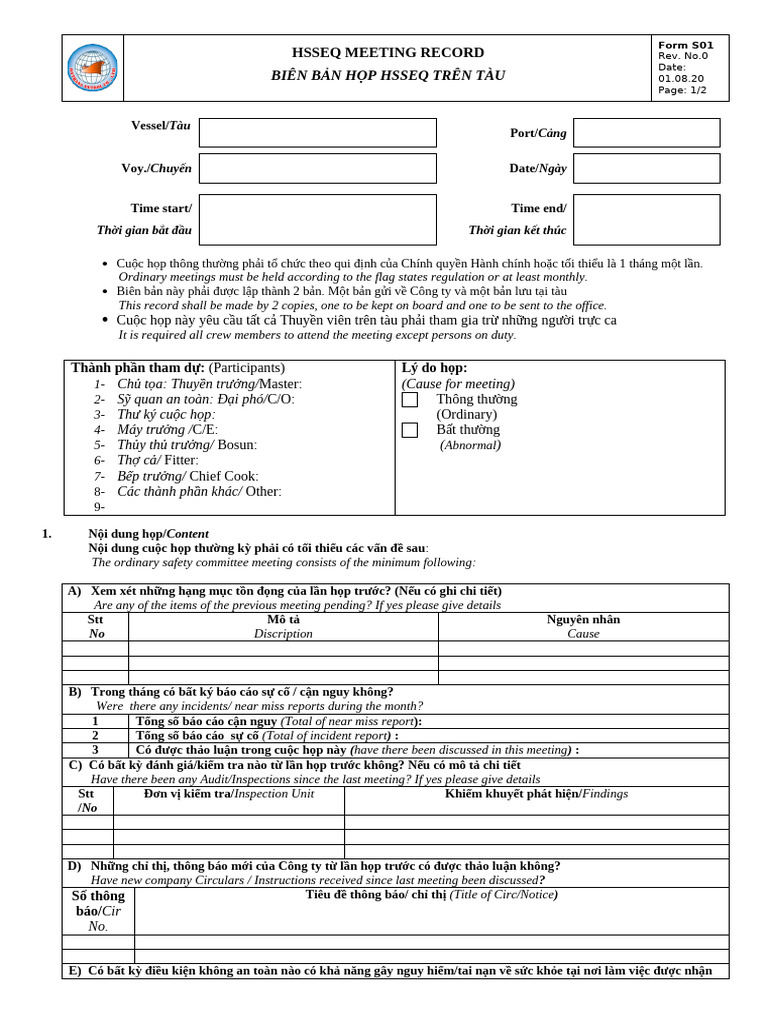 Form S01 - SAFETY, HEALTH & ENVIRONMENT COMMITTEE MEETING RECORD | PDF