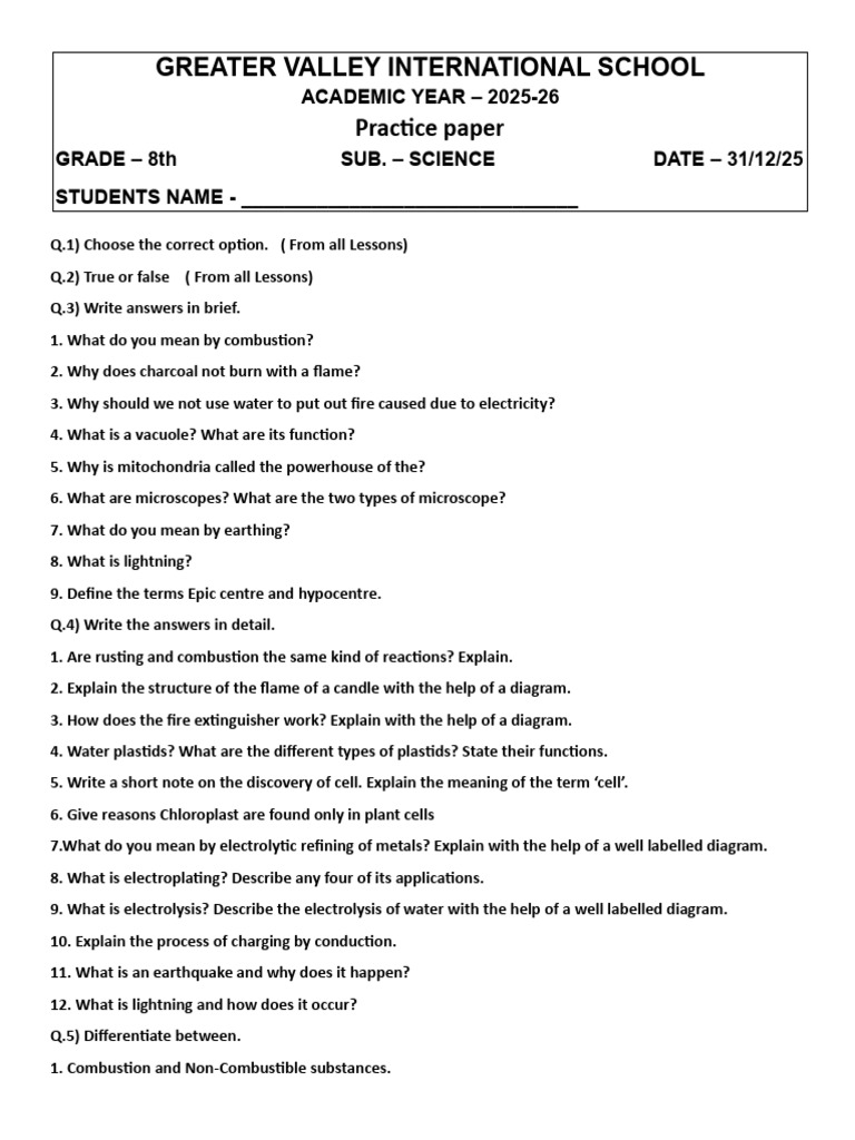 Practice Paper Grade 8th Science | PDF