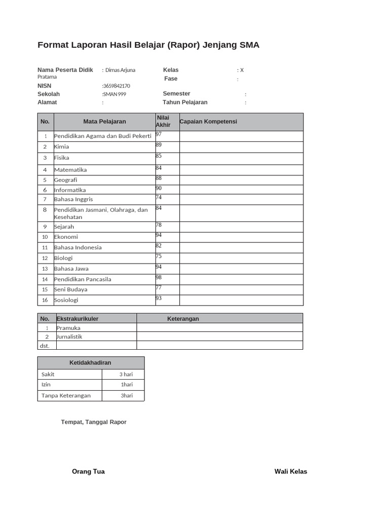 Rapor Hasil Belajar SMA Fase X | PDF